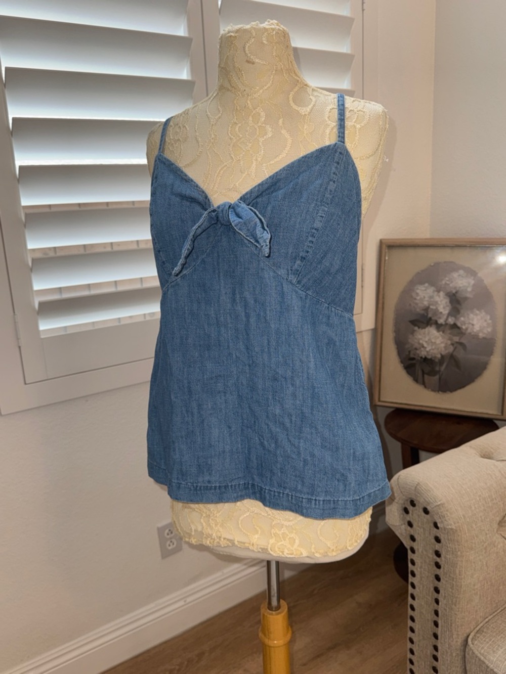 Denim Tie-Front Camisole Tank Top - Blue